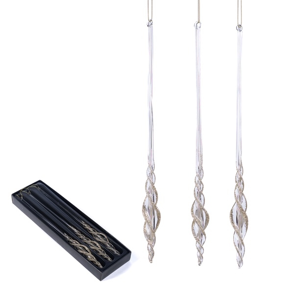 Set of 3 Christmas tree decoration Glass Glitter Twist Drop/Icicle Champagne/Clear 