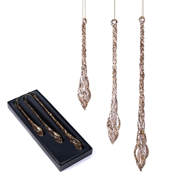 Set of 3 Christmas tree decoration Glass Glitter Icicle Drop