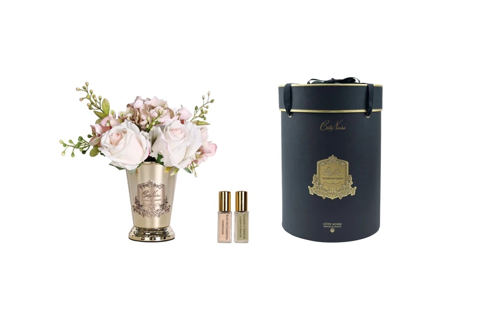 Parfumed bouquet of roses in gold vase Summer Posy